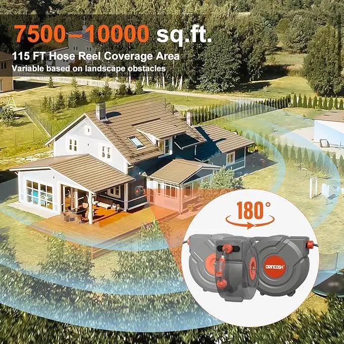 Upgraded Retractable Garden Hose 5/8 in x 115 ft Heavy Duty Wall-Mounted Hose Reel 180°Swivel Automatic Slow Return Any Length Lock 9 Pattern Nozzle UV Resistant (Black) by GreenHaven Gardens