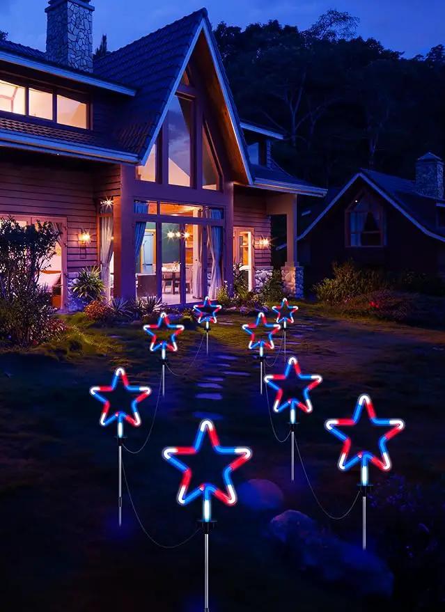 Brightown Red White and Blue Lights, 4th of July Decorations Outdoor, 8 Large Neon Star Pathway Lights Plug in, Patriotic Decorations Fourth of July Decor for Independence Day Garden Yard Outside by GreenHaven Gardens