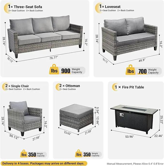 ovios 7 Pieces Patio Furniture Set with 54" Fire Pit Table, Outdoor Wicker Sofa with Comfy Cushions, All Weather High Back Rattan Couch Conversation Set, Dark Grey by GreenHaven Gardens