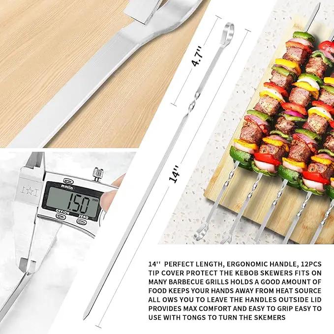 Kabob Skewers 14" Stainless Steel Long BBQ Barbecue Skewers, Flat Metal Kebob Sticks Wide Reusable Grilling Skewers for Meat Chicken, Set of 12pcs with Storage Bag by JY COOKMENT by GreenHaven Gardens