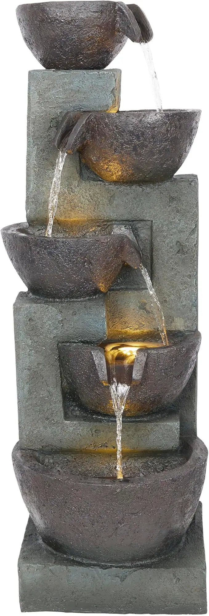 Alpine Corporation TZL390 Elegant Outdoor 5 Tier Bowls Waterfall Fountain with LED Lights for Garden, Patio, Yard, and Outdoor Spaces, Relaxing Cascading Fountain, 39" H, Gray by GreenHaven Gardens