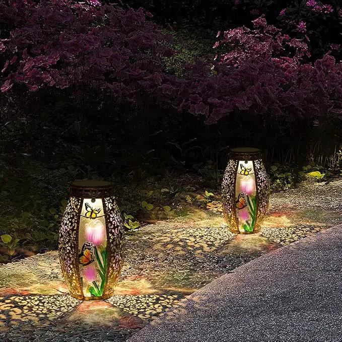 Solar Lanterns Outdoor Hanging Light - Solar Powered LED Butterfly Glass Lights Decorative Waterproof Tabletop Lampwith Hollowed-Out Design for Indoor Yard Table Patio Garden Pathway Holiday by GreenHaven Gardens