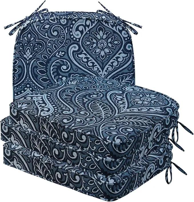 Round Corner Seat Cushions, 17" x 16" x 2", Set of 4, Indoor Outdoor Water Repellent Universal Chair Pads with Ties for Patio Furniture, Garden Deck Dining Chairs, Damask Blue Flower by GreenHaven Gardens