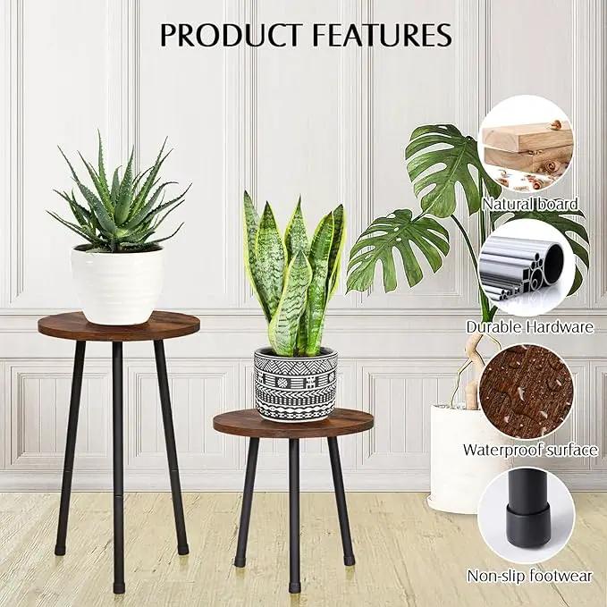 2 Pack Indoor Plant Stand, Mid-Century Wooden Style Plant Holder, Indoor Outdoor Flower Stand,Small Round Table, Two Different Sizes(Black) by GreenHaven Gardens