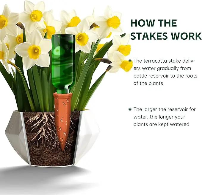 Terracotta Watering Spikes, Wine Bottle Watering Stakes, Slow Release Self Watering Planter Insert for Out | Indoor Plants, Vacation Plant Watering Devices, Automatic Plant Waterer, 4-Pack by GreenHaven Gardens