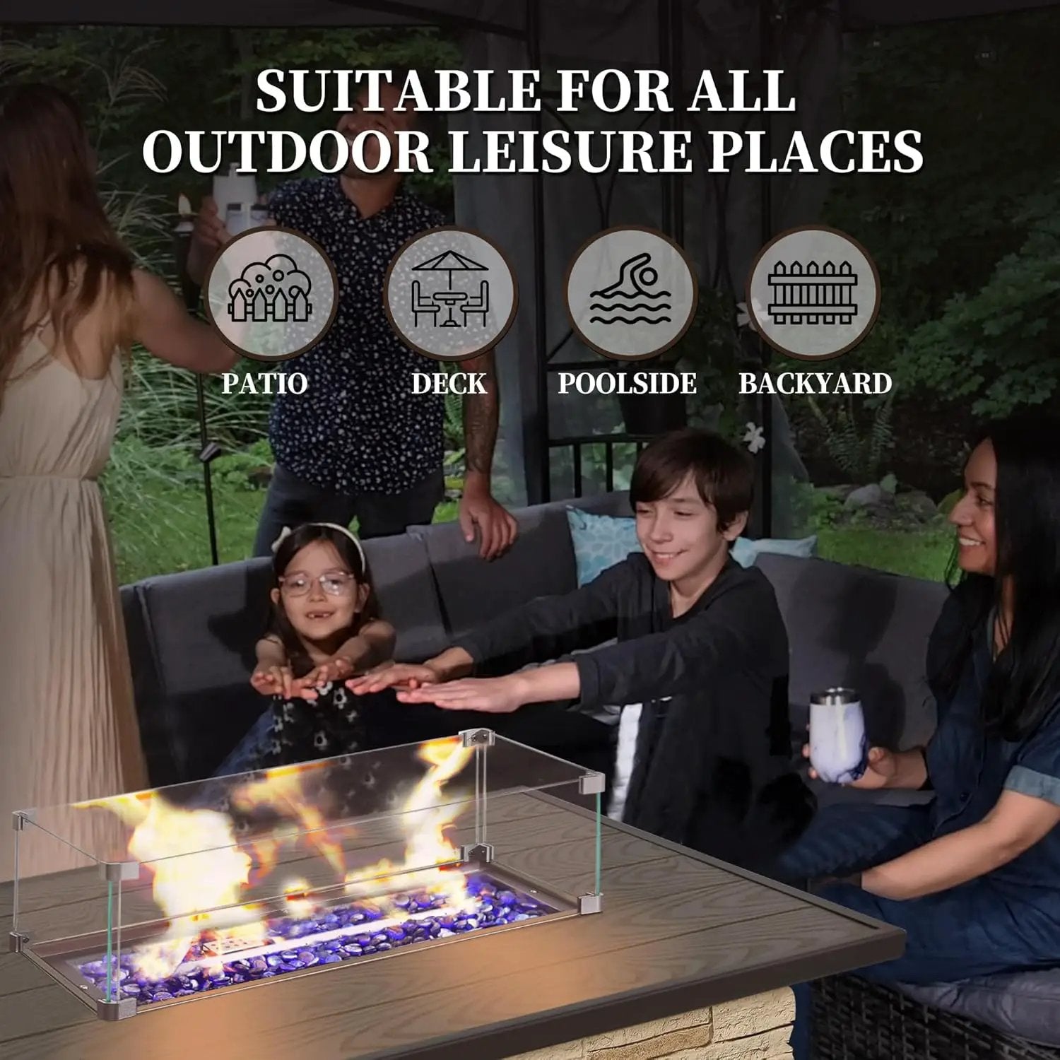 43¡± Propane Fire Pit Table Outdoor Rectangular Stone Firepit Table 50,000 Btu Propane Fire Tables for Outside Patio with Glass Wind Guard, Lid, Fire Glass Beads,Buff Rock Look by GreenHaven Gardens