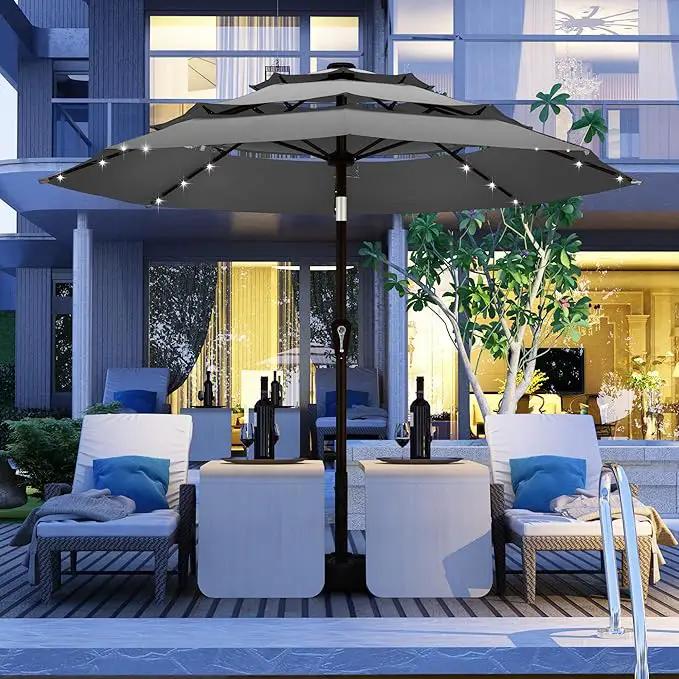 Kingdura 9ft 3-Tier Patio Umbrella with Solar Lights, Table Umbrella Outdoor Patio with Easy Crank & Tilt, 8 Sturdy Ribs, UV Protection, 32 LED Lights for Deck, Poolside, Market (Grey) by GreenHaven Gardens
