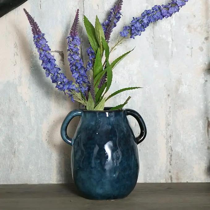 Blue Ceramic Vase with 2 Handles, Modern Farmhouse Decor, Rustic Terracotta Pottery, Decorative Flower Vases, Clay Small Vase, Centerpiece for Dining Table - 7 Inch Tall by GreenHaven Gardens