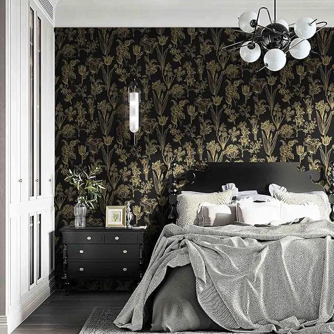 Dimoon 236"x17.3" Floral Wallpaper Peel and Stick Flowers Golden Black Contact Paper Thicken Waterproof Modern Self Adhesive Plants Wallpaper Removable Wall Paper Shelf Vinyl Roll by GreenHaven Gardens