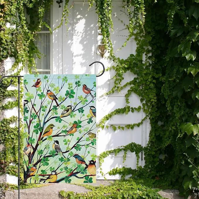 Louise Maelys St Patricks Day Garden Flag Shamrock Bird Tree Welcome Double Sided 12x18 Inch Small Burlap Spring Holiday Yard Outdoor Outside Home Decor by GreenHaven Gardens