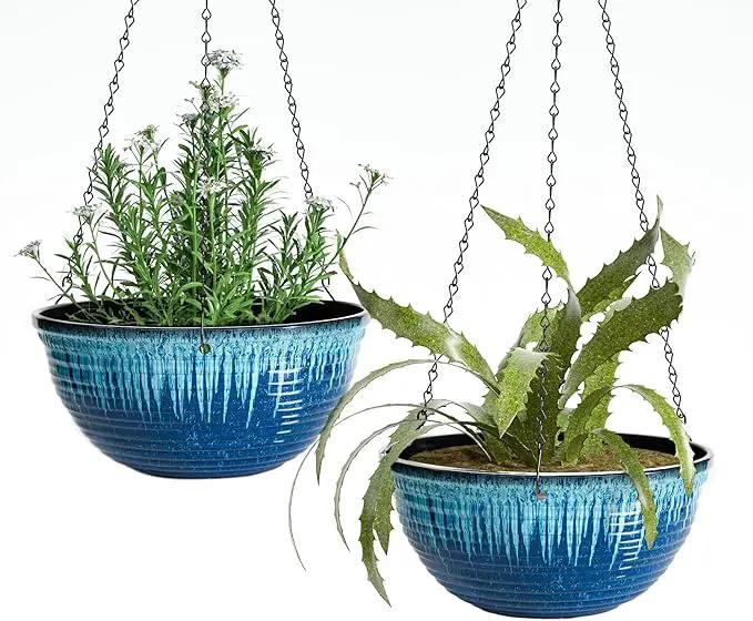 12 inch Hanging Planters for Indoor Outdoor Plants, 2 Pack Large Hanging Flower Pots with Drainage Holes and Chain, Glazed Hanging Baskets for Home Garden Decoration (Blue Flow Glaze) by GreenHaven Gardens
