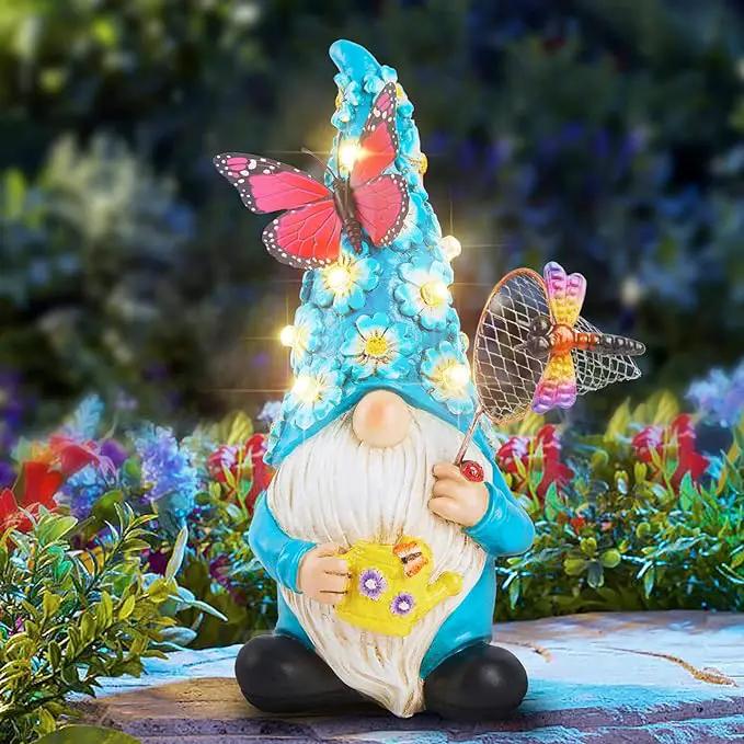 Garden Gnome Statues Outdoor Decor Solar Gnomes with Butterfly on LED Lighted Flowers, Resin Blue Gnomes Sculpture for Patio Yard Lawn Onament Decoration by GreenHaven Gardens
