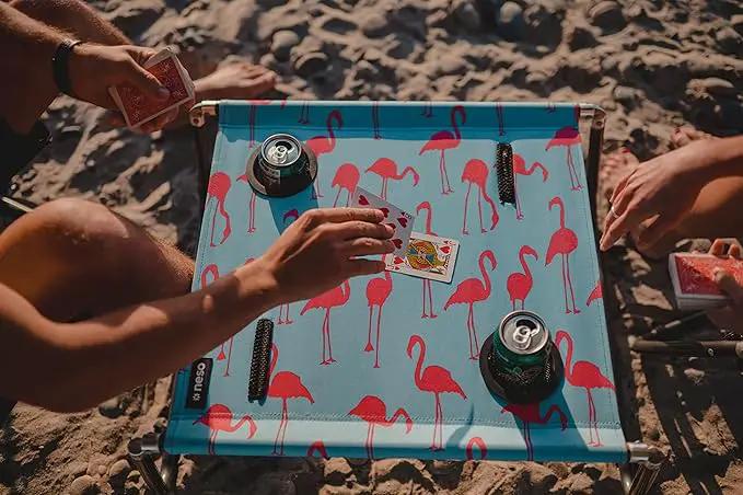 Neso Portable Beach Table with Cup Holders, Cell Phone Pockets, Lightweight for Picnics and Parks (Flamingos) by GreenHaven Gardens
