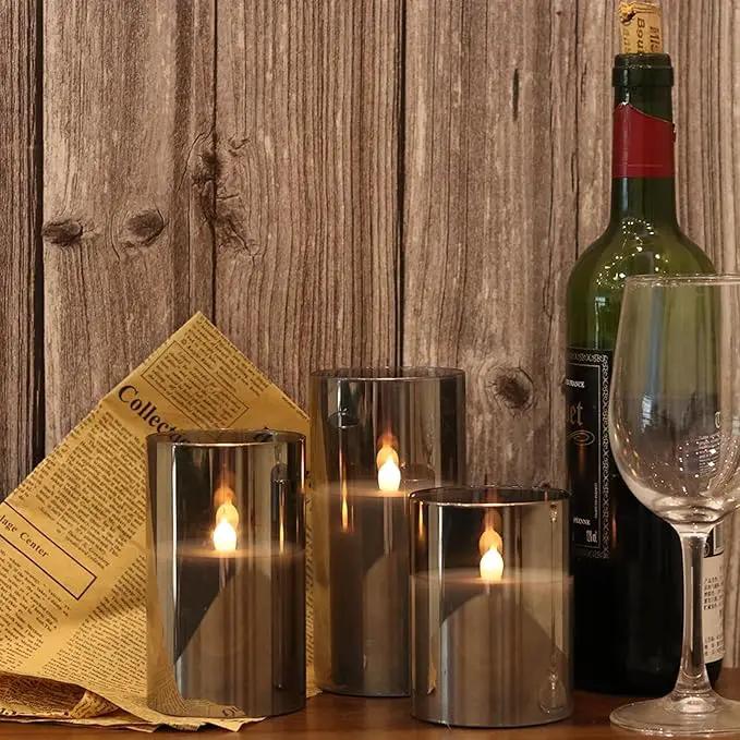 LED Flickering Candles with Remote Timer,Glass Flamless Pillar Candles Real Wax with 3D Wick Realistic,Warmth Decoration for Wedding Home Festival (Grey) by GreenHaven Gardens