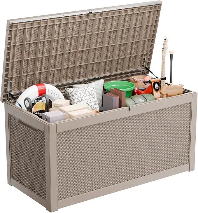 260 Gallon Large Resin Deck Box, Lockable Outdoor Storage Box for Patio Cushions Storage Furniture,Garden Tools, Pool Supplies, Weatherproof and UV Resistant- Grey Rattan (260 Gallon) by GreenHaven Gardens