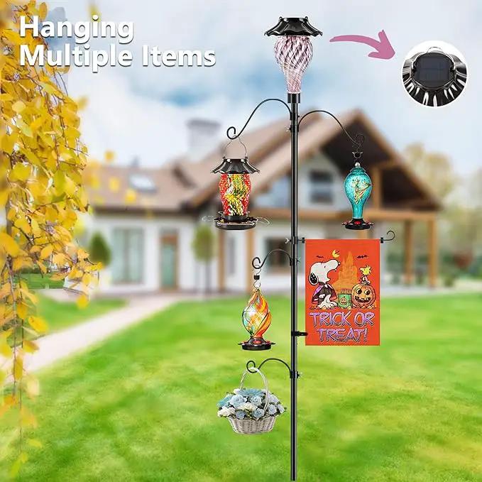 Solar Shepherds Hooks with Hand Blown Glass Lamp, Decorative RGB Lights, 4 Hooks & 1 Flag Holder, Heavy Duty Stand for Hanging Hummingbird Feeder, Bird Feeder, Plant, Landscape Light (Purple) by GreenHaven Gardens