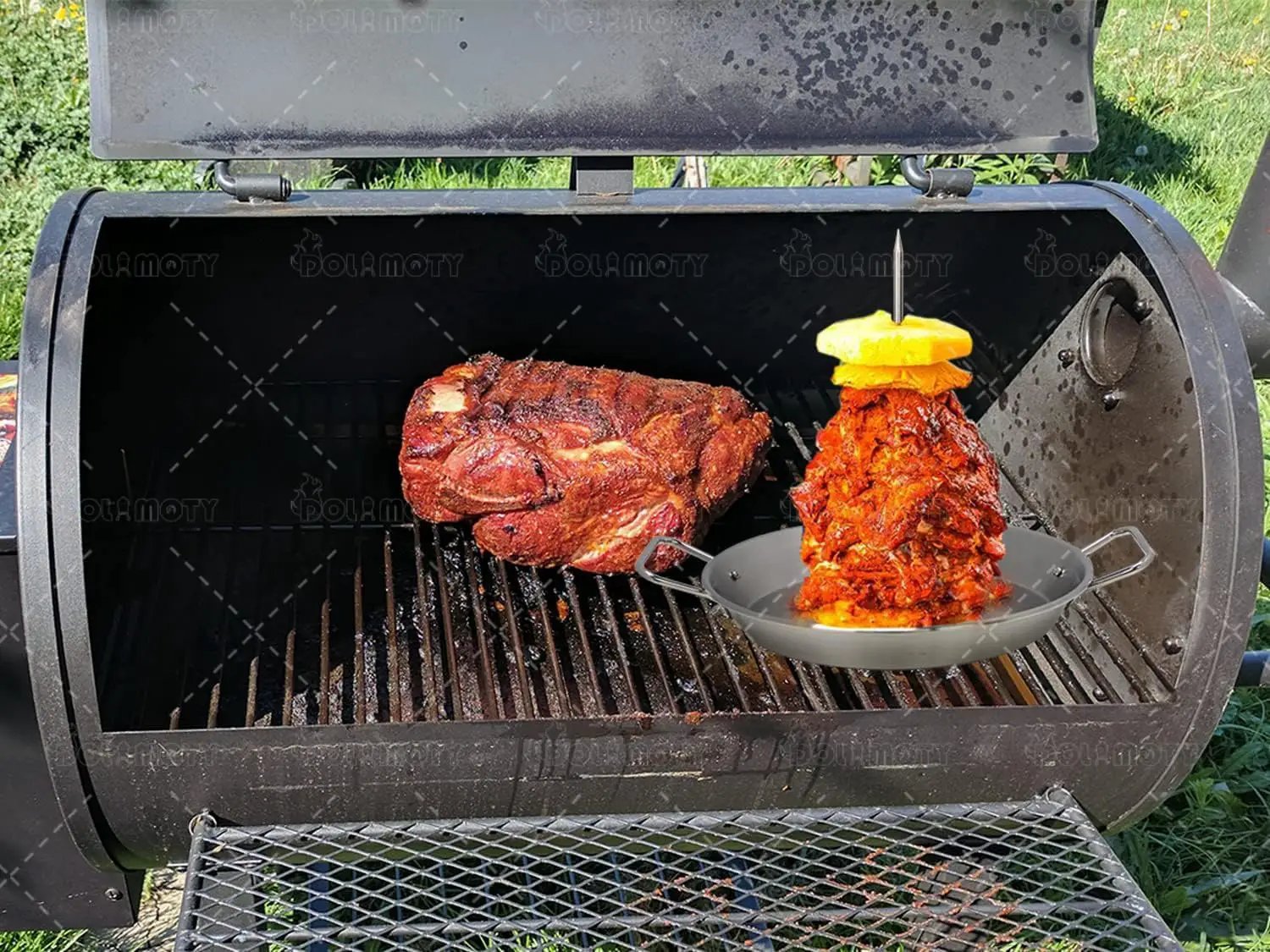 BBQ Vertical Skewer Pan Gyro Spit Shawarma Skewer Stand for oven, Al Pastor Skewer for Grill, El Pastor Hack for Tacos Al Pastor Chicken, Brazilian, Stainless Steel, with 8",10" stick by GreenHaven Gardens