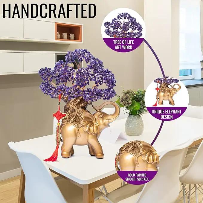 Amethyst Crystal Money Tree on Gold Elephant Statue, 17”Large Gemstone Bonsai Tree of Life Home Décor Gifts for Wealth Positive Energy, Feng Shui Décor by GreenHaven Gardens