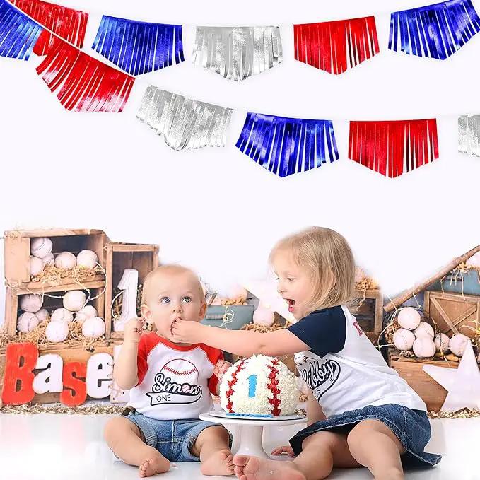 Blue Red Silver Tassel Banner Metallic Fabric Pennant Bunting Flag for 4th of July American USA National Day Patriotic Veterans Graduation Wedding Birthday Retirement Nautical Party Decorations by GreenHaven Gardens