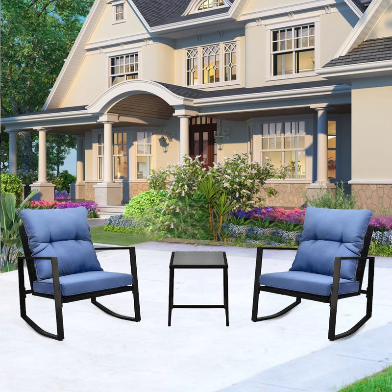 3 Pieces Patio Bistro Set Outdoor Rocking Chair with Blue Cushion for Yard Garden Poolside by HouseOfZazla