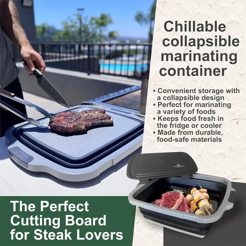 BBQ Prep Tub Collapsible X-Large with Cutting Board, Locking Lid – Meal Prep Food Prep Containers with Lids for Resting Meat –3 Adjustable Height - Ideal for Camping, Picnic, Dish Basin by GreenHaven Gardens
