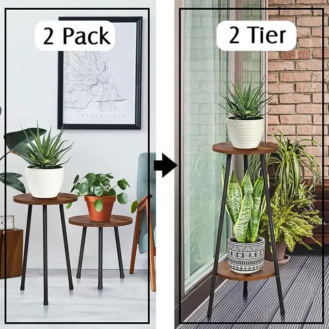 2 Pack Indoor Plant Stand, Mid-Century Wooden Style Plant Holder, Indoor Outdoor Flower Stand,Small Round Table, Two Different Sizes(Black) by GreenHaven Gardens