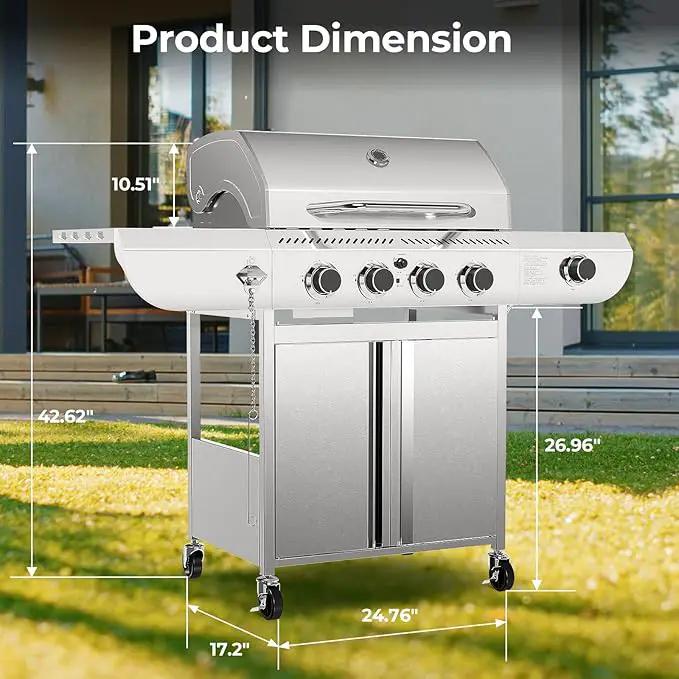 R.W.FLAME 4-Burner Gas Grill with Side Burner, Stainless Steel Propane Grill 42000BTU for Outdoor Cooking, with Porcelain-Enameled Cast Iron Grates, Baking Pan, Silver by GreenHaven Gardens
