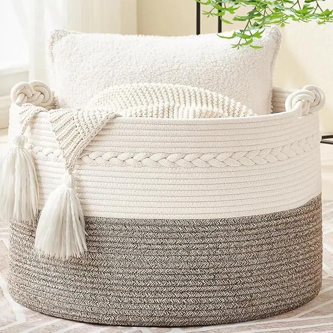 KAKAMAY Large Blanket Basket (20"x13"),Woven Baskets for storage Baby Laundry Hamper, Cotton Rope Blanket Basket for Living Room, Laundry, Nursery, Pillows, Baby Toy chest (White/Beige) by GreenHaven Gardens