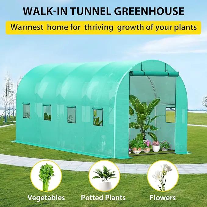 Compact Greenhouse Kit 7'x15'x7' with Galvanized Frame, 140G Green PE Cover, 1 Door & 8 Windows for Outdoor Gardening by GreenHaven Gardens