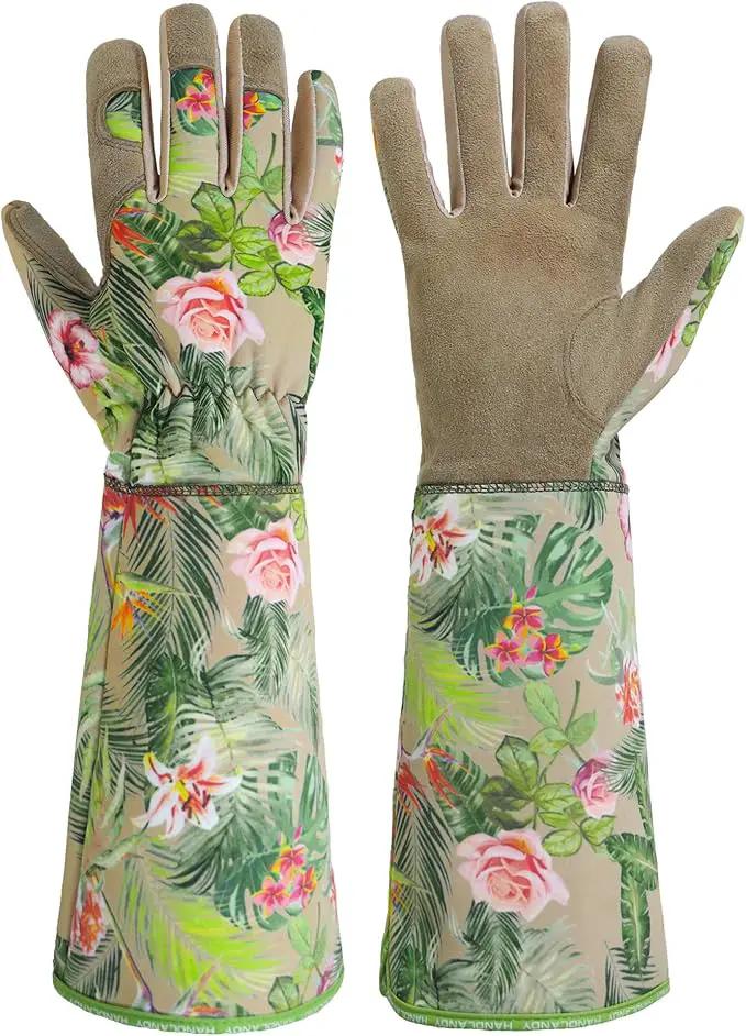 HANDLANDY Leather Gardening Gloves for Women, Thorn Proof Breathable Ladies Rose Pruning Garden Gauntlet Yard Gloves, Gift for Gardeners (Khaki, S) by GreenHaven Gardens