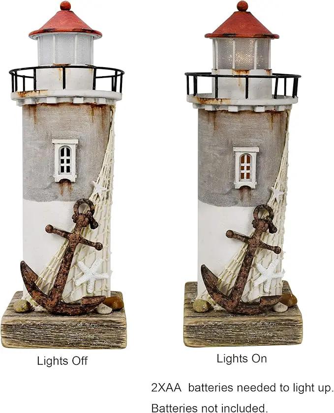 Wooden Lighthouse With Light - Rustic Nautical Ocean Sea Beach Themed Decoration, Handcrafted Tabletop Home and Bathroom Decor (11.4"H) by GreenHaven Gardens