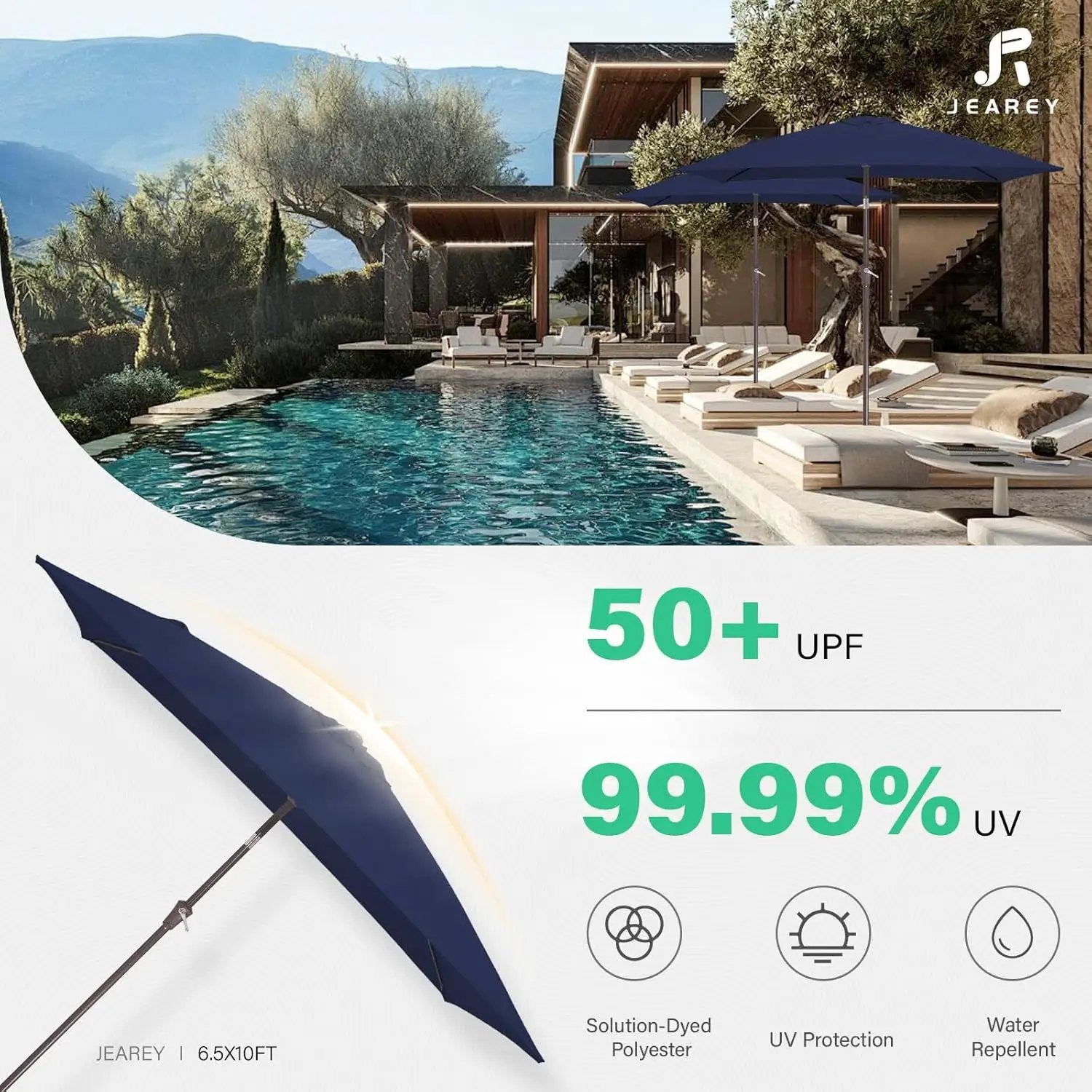 JEAREY 6.5x10 ft Rectangular Patio Umbrellas Outdoor Market Umbrella with Push Button Tilt and Crank, Rectangle Table Umbrellas 6 Sturdy Ribs UV Protection for Pool Garden Backyard Deck, Dark Navy by GreenHaven Gardens