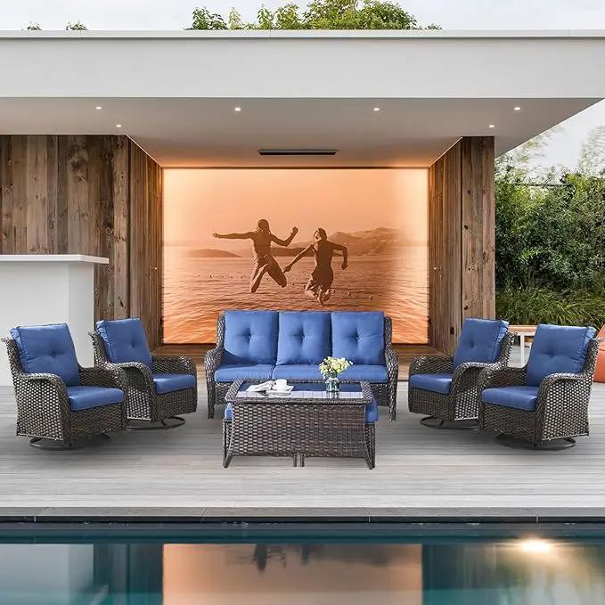 Wicker Patio Furniture Sets - 8 Piece Outdoor Rattan Furniture Conversation Sets with 4 Swivel Rocker Chairs, Rattan Sofa, Wicker Ottomans and Coffee Table, Brown/Blue by GreenHaven Gardens