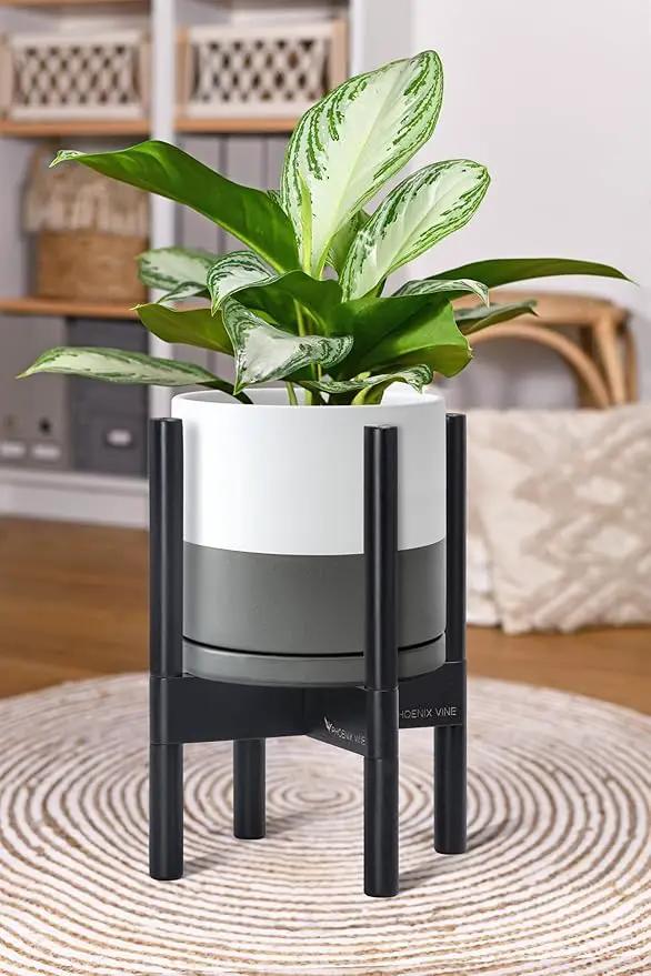 D'vine Dev Ceramic Planter with Ebony Stand - 8 Inch Modern Round Flower Pot with Wood Planter Holder, White/Grey, 55-B-M-6 by GreenHaven Gardens