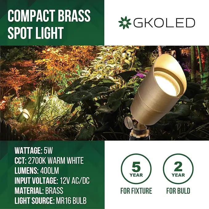 GKOLED 6 Pack Solid Brass Low Voltage Compact Spotlight, 12V AC/DC Waterproof Outdoor Landscape Spot Lights, Up Light with 5W 2700K MR16 Bulb for House Trees Garden Yard Lawn, Stake Included by GreenHaven Gardens
