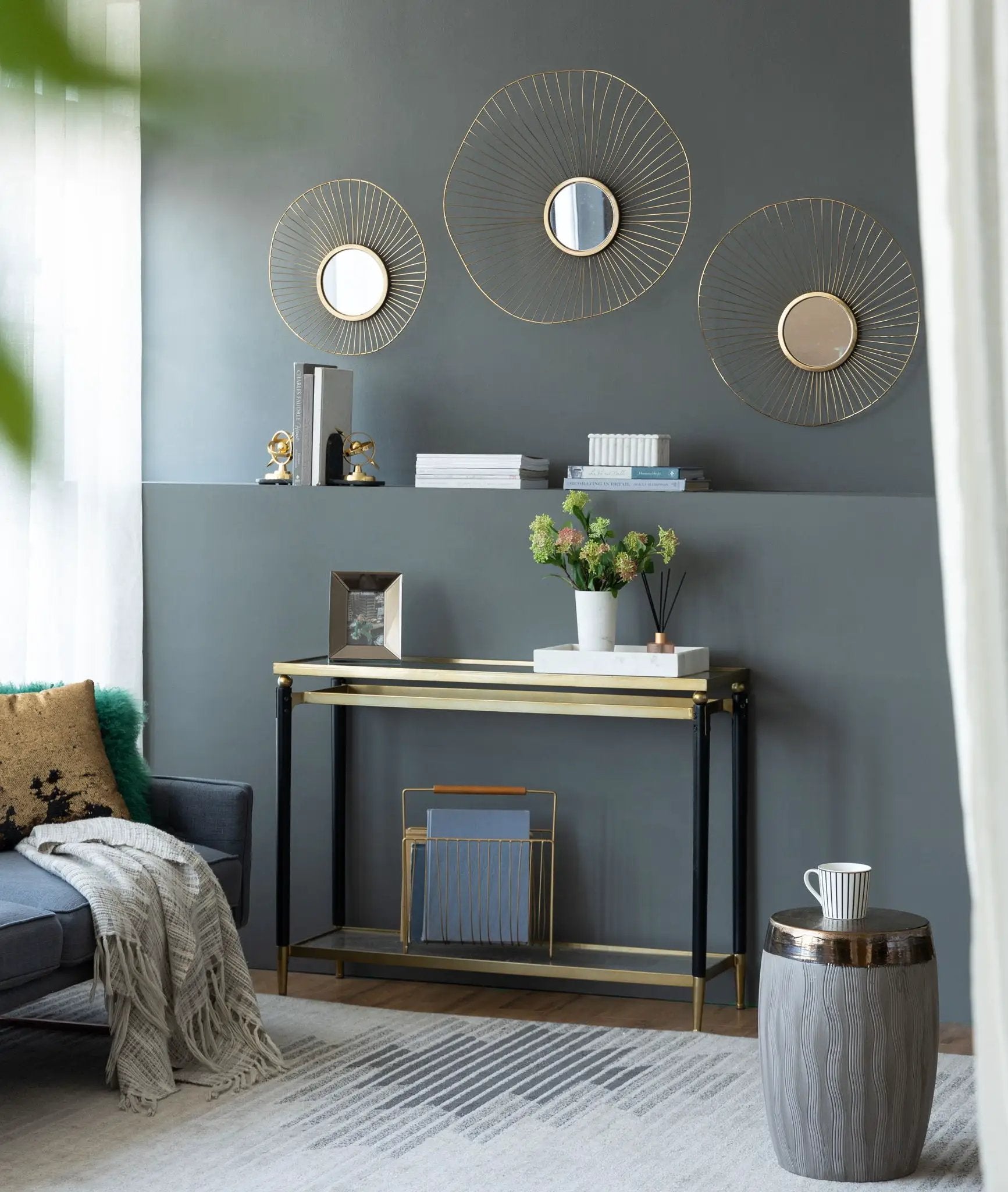 Wall Mirror Abstract Designed Wall Mirrors WithFrame For Home & Office, Top Of Sideboard (Set of 3) - Gold by HouseOfZazla