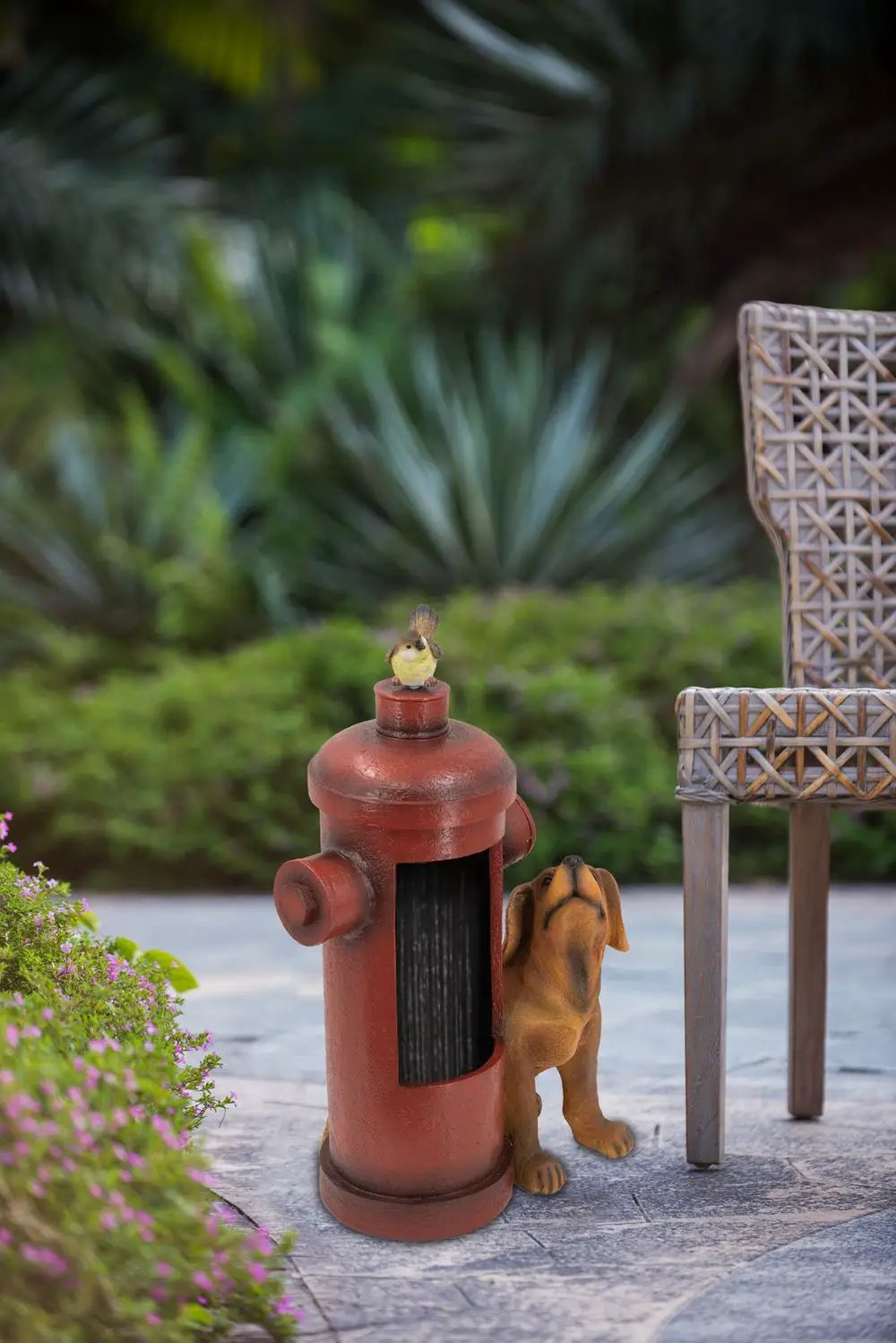 Red Fire Hydrant Water Fountain With Dog And Bird Accents, Outdoor Fountian With Light And Pump - Red / Light Brown by Unique Piece Furniture