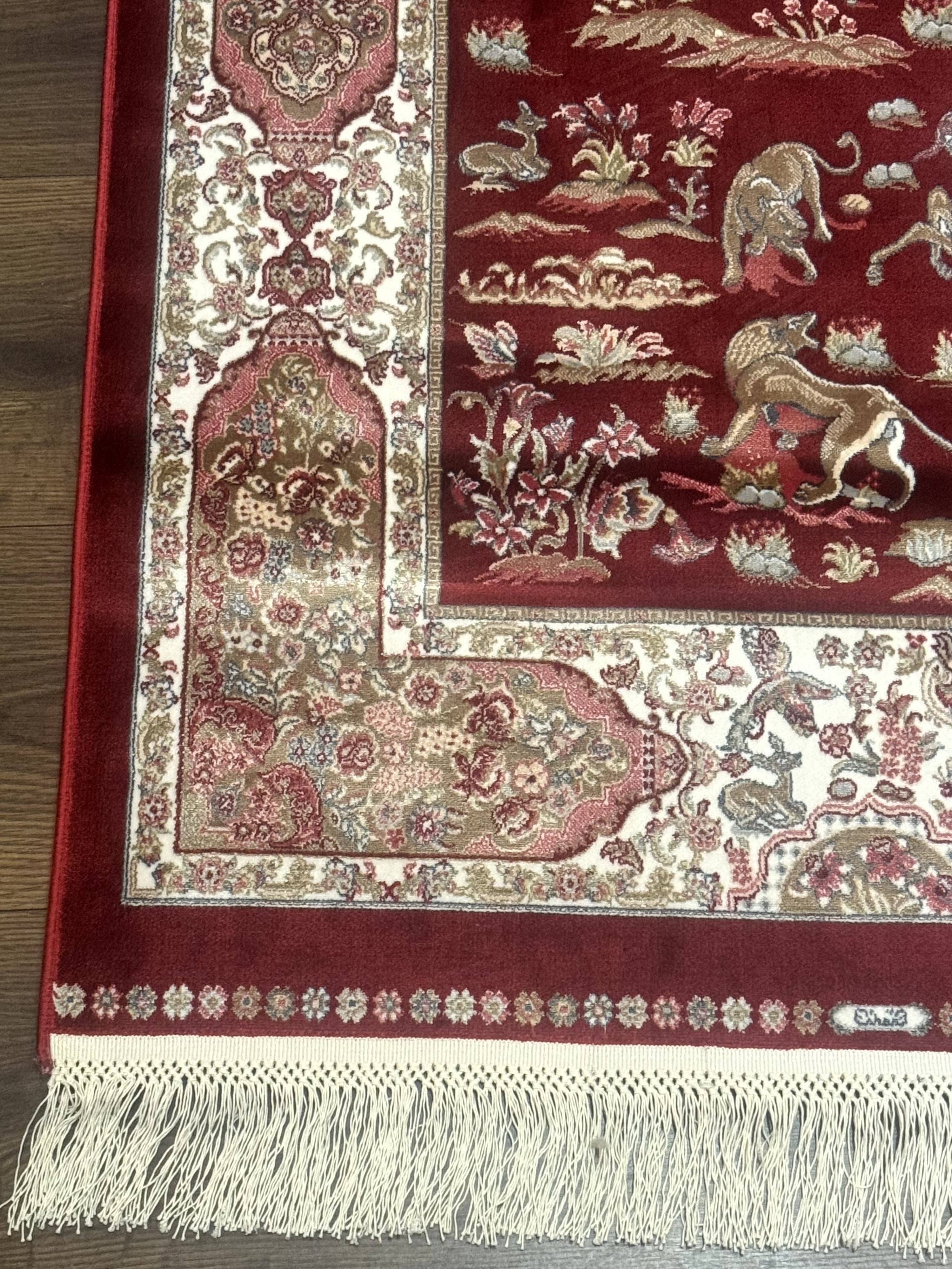 Turkish Silk Rug 2.6 x 6.7, Hunting Design, Short Runner Rug, Red & Ivory, Bamboo Silk, New by Jewel Rugs