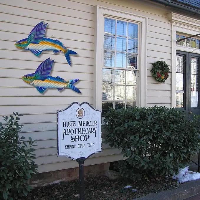 LIFFY Metal Fish Wall Decor -Outdoor Metal Fish Wall Decor - Indoor Art Sculpture - Hanging Decorations for Home, Garden, Bedroom, Sculptures, Ocean, Pool(Flying Fish Set 2,15 inch) by GreenHaven Gardens