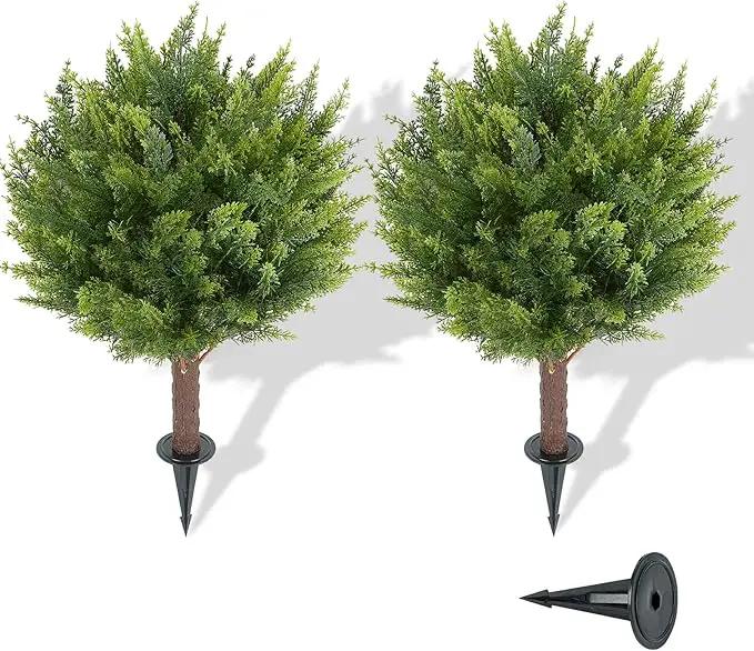 Artificial Cedar Shrub Ball Trees Two 15.8inch with Ground Spikes, can be Planted in The Ground and in pots, Outdoor Artificial Plants Resistant to UV Rays by GreenHaven Gardens