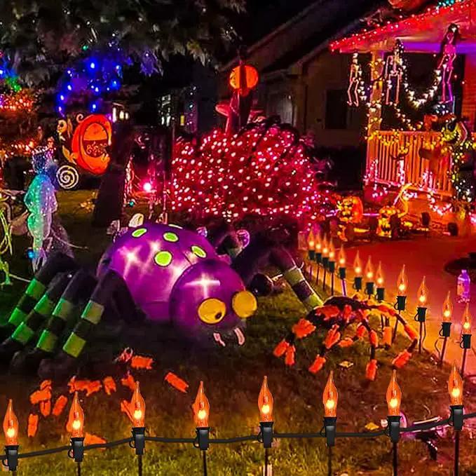 Halloween Lights Flickering Flame String Lights with 12 Pack C7 Orange Flame Light Bulbs (2 Spare), 12.8Ft Orange Flame String Lights for Indoor Outdoor Home Party Yard Halloween Decorations by GreenHaven Gardens