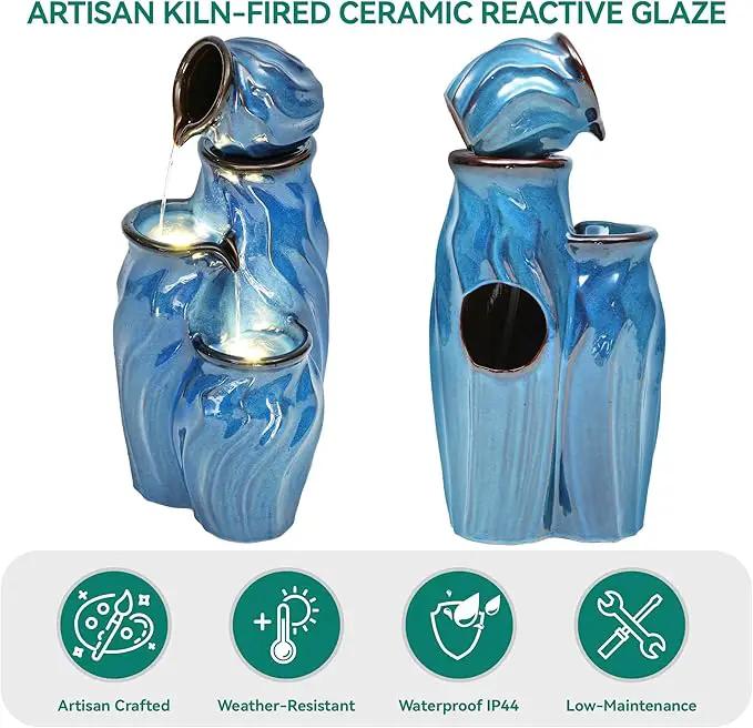 29" Tall Ceramic Outdoor Water Fountain with LED Lights, 4-Tier Cascading Jars Water Feature, Tranquil Waterfall for Relaxing Garden, Patio, Yard, or Porch, Turquoise, Dynamic Wave-Texture by GreenHaven Gardens