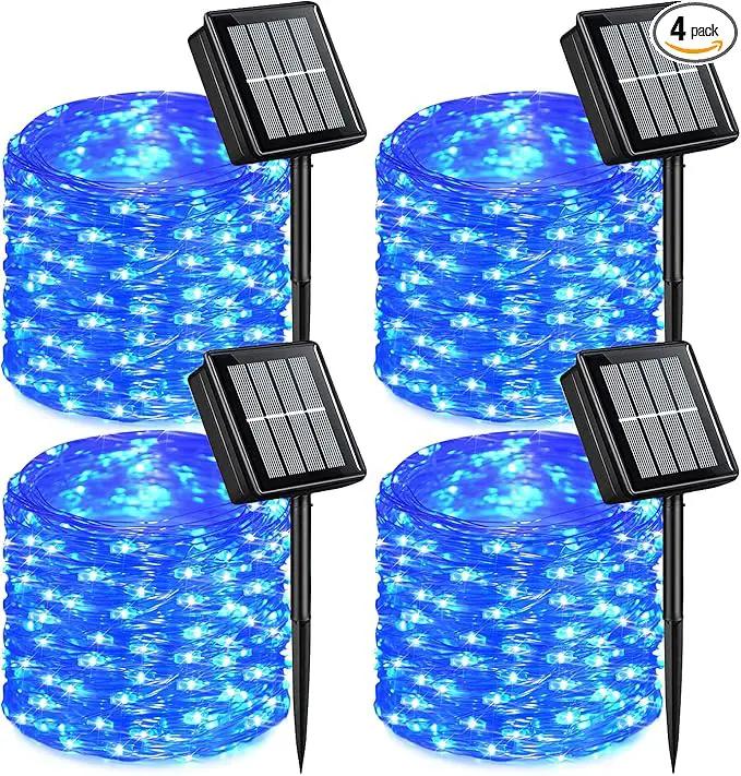 QITONG 4 Pack Solar Fairy Lights Blue, Each 33ft 100 LED String Lights Outdoor Waterproof, 8 Modes Blue Solar Lights for Outside Tree Garden Pool Wedding Party Christmas by GreenHaven Gardens