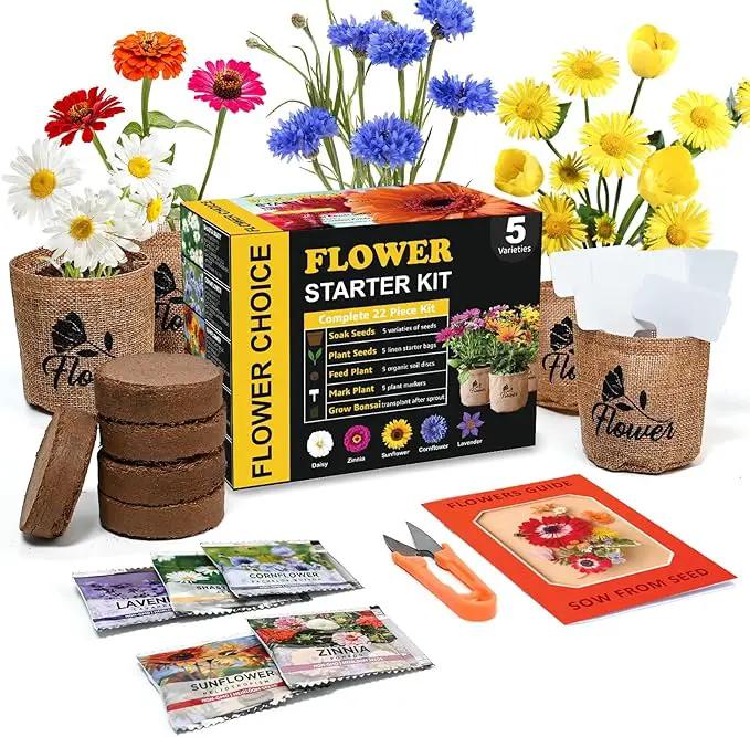 Indoor Daisy Garden Starter Kit with Gardening Tools - Jute Bags, Markers, Soil Disks and Shears, Home Gardening Gifts for Women Men Plant Lovers by GreenHaven Gardens
