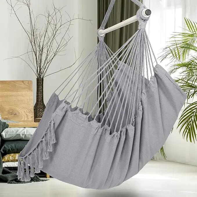 Y- STOP Hammock Chair Hanging Rope Swing, Max 500 Lbs, 2 Cushions Included, Large Macrame Hanging Chair with Pocket for Superior Comfort, with Hardware Kit (Light Grey) by GreenHaven Gardens