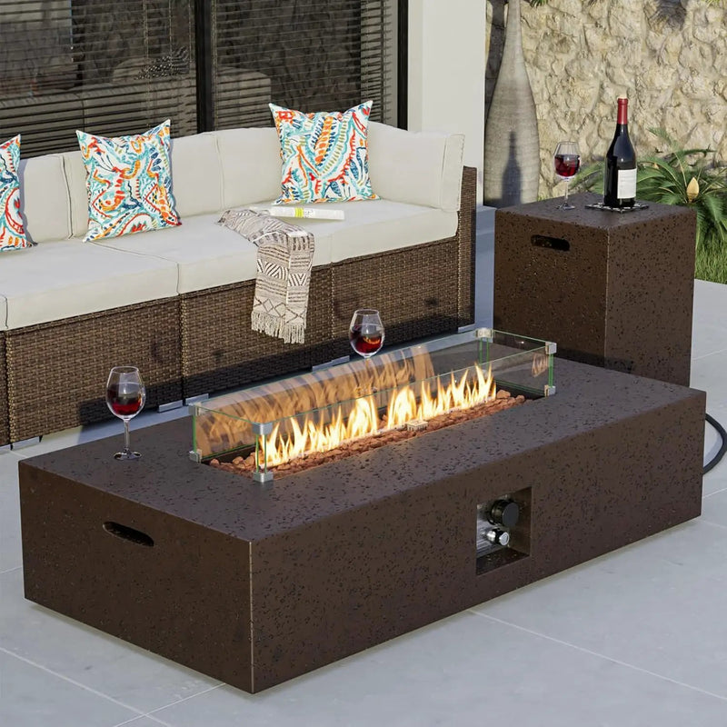 COSIEST 56 x 28 inch Outdoor Propane Fire Pit Coffee Table w Concrete Rectangle Base, CSA Certified, 50,000 BTU, Free Lava Rocks and RainCover, Fits 20lb Tank Outside, Wind Guard, Tank Cover, Brown by GreenHaven Gardens