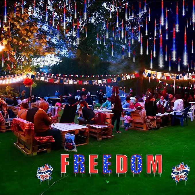 KNONEW 24 Tube Red White and Blue Meteor Shower Lights 4th of July Decorations,16 in 672 LEDs String Lights,52FT Plug in Waterproof Outdoor Lights for Independence Day House Tree Party Decor by GreenHaven Gardens