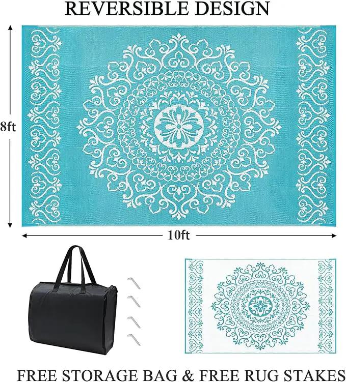 Pauwer Waterproof Outdoor Rug 8x10, Reversible Plastic Straw Patio Camping Rug, Indoor Outdoor RV Mat Carpet for Deck, Camper, Porch, Balcony, Backyard, Picnic, Floral Teal by GreenHaven Gardens