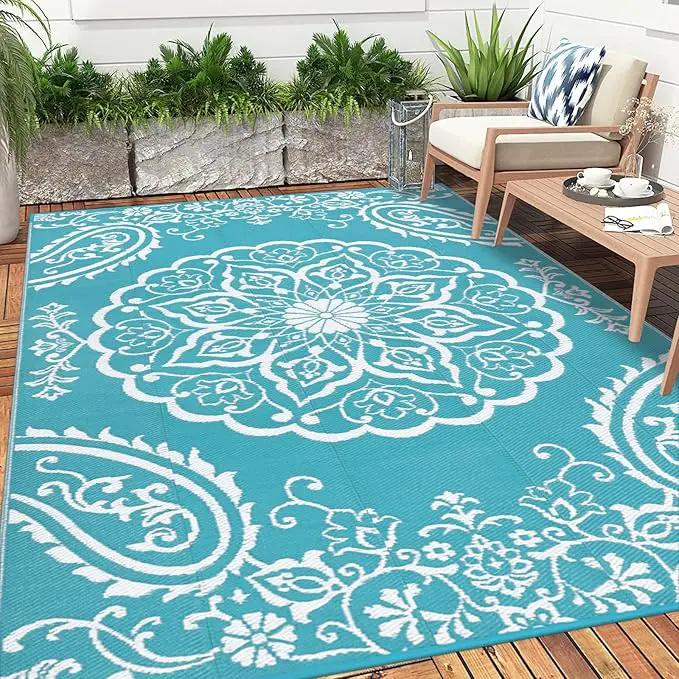 Pauwer Waterproof Outdoor Rug 10x14, Reversible Plastic Straw Patio Camping Rug, Indoor Outdoor RV Mat Carpet for Deck, Camper, Porch, Balcony, Backyard, Picnic, Boho Teal by GreenHaven Gardens