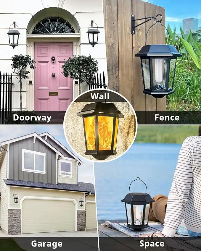 Solar Lanterns Outdoor Waterproof, Hanging Solar Lights with Glass Shade - 2 Pack LED Metal Wall Mount Outdoor Light for Yard/Garden/Patio - Flame by GreenHaven Gardens
